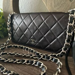 🖤⛓Chanel Matelasse Wallet Quilted Crossbody Chain CC Logo Black Silver